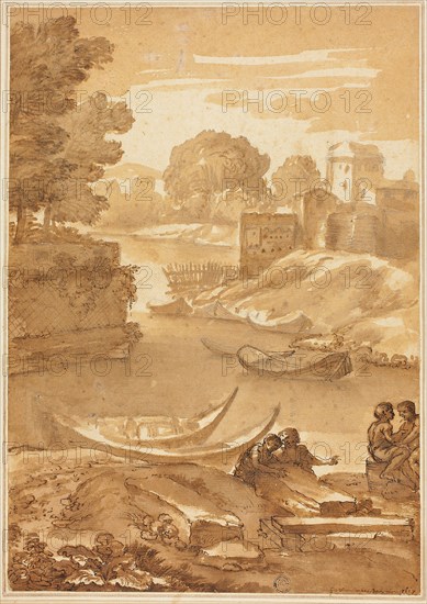 Figures Seated by a River, n.d., Giovanni Francesco Grimaldi, Italian, 1606-1680, Italy, Pen and brown ink, with brush and brown wash, over graphite, on ivory laid paper, laid down on cream laid paper, 342 x 240 mm