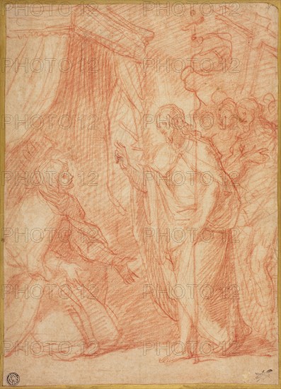 Resurrected Christ Appearing to His Mother, n.d., Attributed to Cesare Dandini (Italian, c. 1595-1658), or Ottavio Vannini (Italian, 1585-1643), or Camillo Procaccini (Italian, c. 1551-1629), Italy, Red chalk on buff laid paper, laid down on ivory laid card, 295 x 212 mm