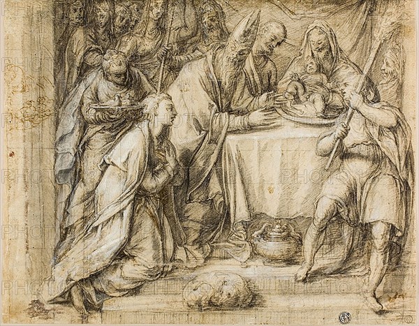 Circumcision of the Christ Child (recto), Marriage of the Virgin (verso), c. 1577, Workshop of Paolo Caliari, called Veronese, Italian, 1528-1588, Italy, Black chalk with pen and brown ink, heightened with lead white (partially discolored) (recto), and black chalk (verso), on cream laid paper, recto squared in black chalk, 264 x 334 mm