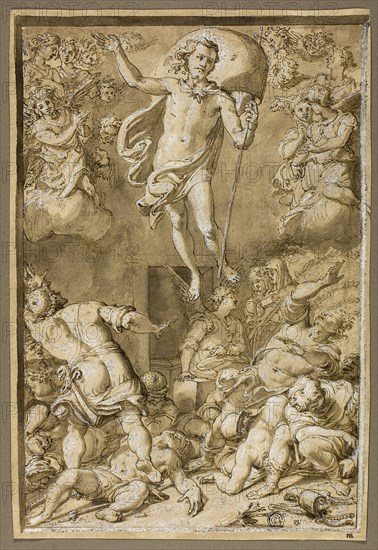 Study for the Resurrection, c. 1574, Santi di Tito, Italian, 1536-1603, Italy, Pen and brown ink, and brush and brown wash, heightened with lead white (partially oxidized), over traces of black chalk, on tan laid paper, 319 x 217 mm