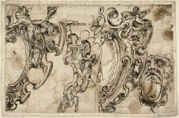 Sketches of Decorative Motifs (recto), Sketch of Decorative Motif (verso), 1629/60, Attributed to Agostino Mitelli, Italian, 1609-1660, Italy, Pen and brown ink, over traces of graphite (recto and verso) on ivory laid paper, both edge mounted on ivory laid paper, 280 x 430 mm