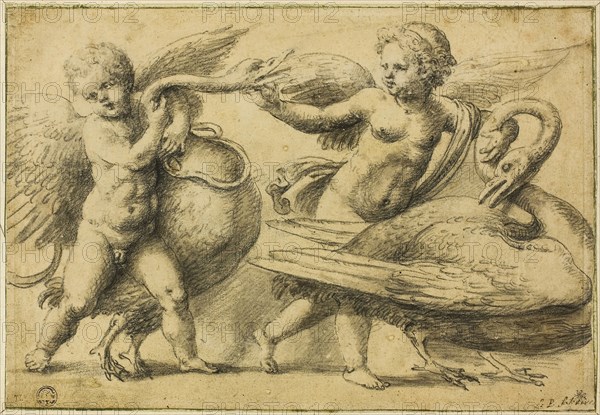 Putti Playing with Swans, n.d., Circle of Raffaello Sanzio, called Raphael, Italian, 1483-1520, Italy, Black chalk with brush and gray wash, on tan laid paper, laid down on ivory laid paper, 198 x 288 mm