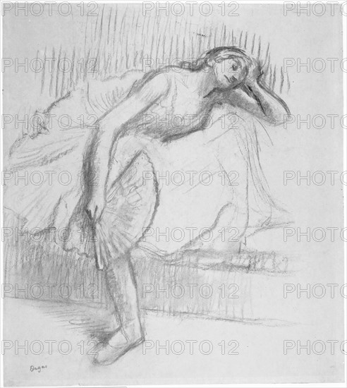 Dancer Resting with a Fan, 1890/95, Edgar Degas, French, 1834-1917, France, Charcoal with stumping, on tan wove tracing paper, laid down on cream wood-pulp laminate board, 505 × 448 mm