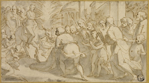 Christ Entering Jerusalem, 1595/99, Andrea Boscoli, Italian, 1560-1608, Italy, Pen and brown ink, with brush and gray wash, over traces of black chalk, on ivory laid paper, laid down on ivory laid card, 109 x 194 mm