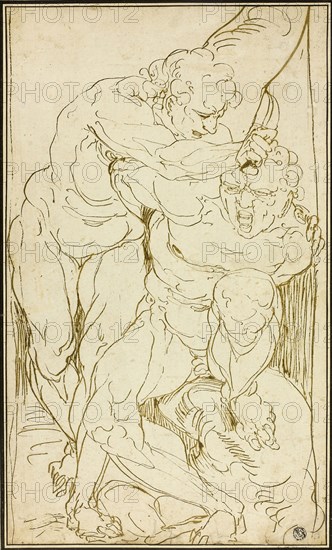 Apollo Flaying Marsyas, c. 1545, Attributed to Luca Cambiaso, Italian, 1527-1585, Italy, Pen and brown ink, on ivory laid paper, laid down on ivory wove card, 392 x 234 mm (max.)