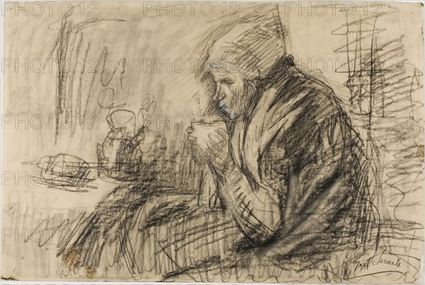 Refreshment, c. 1895, Jozef Israëls, Dutch, 1824-1911, Netherlands, Charcoal and black chalk, with stumping and traces of graphite, heightened with touches of white chalk, on cream wove paper, 321 x 481 mm