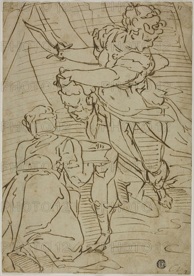 Judith with the Head of Holofernes, 1550/60, School of Luca Cambiaso, Italian, 1527-1585, Italy, Pen and brown ink, over traces of black chalk, on cream laid paper, laid down on ivory laid paper, 294 x 205 mm