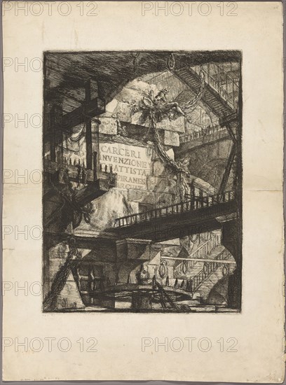 Title Page from Imaginary Prisons, 1761, Giovanni Battista Piranesi, Italian, 1720-1778, Italy, Etching and engraving on heavy ivory laid paper, 540 x 410 mm (image), 548 x 415 mm (plate), 787 x 585 mm (sheet)