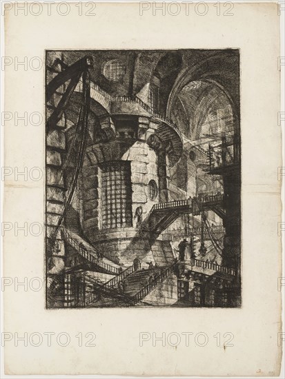 The Round Tower, plate 3 from Imaginary Prisons, 1761, Giovanni Battista Piranesi, Italian, 1720-1778, Italy, Etching and engraving on heavy ivory laid paper, 545 x 410 mm (image), 551 x 418 mm (plate), 785 x 585 mm (sheet)