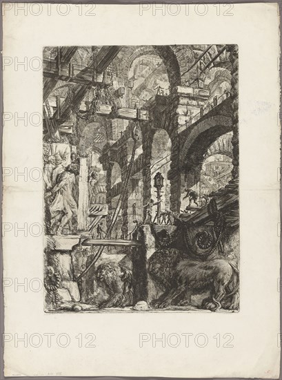 The Lion Bas-Reliefs, plate 5 from Imaginary Prisons, 1761, Giovanni Battista Piranesi, Italian, 1720-1778, Italy, Etching and engraving on heavy ivory laid paper, 566 x 414 mm (image), 566 x 414 mm (plate), 789 x 585 mm (sheet)