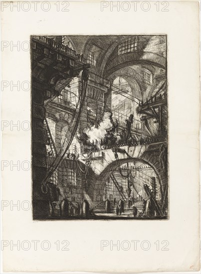 The Smoking Fire, plate 6 from Imaginary Prisons, 1761, Giovanni Battista Piranesi, Italian, 1720-1778, Italy, Etching and engraving on heavy ivory laid paper, 537 x 394 mm (image), 544 x 401 mm (plate), 787 x 577 mm (sheet)