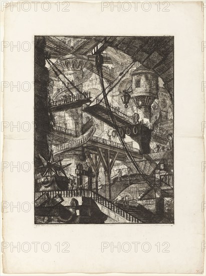 The Drawbridge, plate 7 from Imaginary Prisons, 1761, Giovanni Battista Piranesi, Italian, 1720-1778, Italy, Etching and engraving on heavy ivory laid paper, 549 x 408 mm (image), 555 x 411 mm (plate), 792 x 590 mm (sheet)