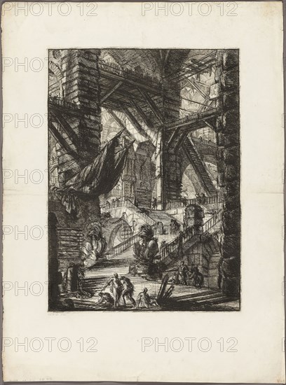 The Staircase with Trophies, plate 8 from Imaginary Prisons, 1761, Giovanni Battista Piranesi, Italian, 1720-1778, Italy, Etching and engraving on heavy ivory laid paper, 543 x 394 mm (image), 550 x 403 mm (plate), 789 x 584 mm (sheet)