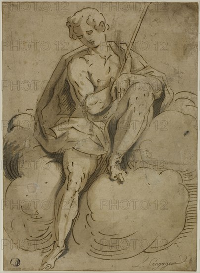Seated Saint John the Baptist, 1560/70, School of Luca Cambiaso, Italian, 1527-1585, Italy, Pen and brown ink with brush and brown and gray wash, with traces of graphite, on cream laid paper, laid down on cream wove paper, 301 x 220 mm