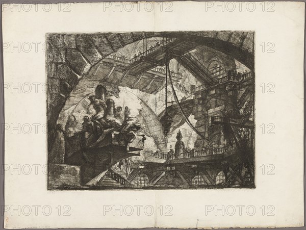 Prisoners on a Projecting Platform, plate 10 from Imaginary Prisons, 1761, Giovanni Battista Piranesi, Italian, 1720-1778, Italy, Etching and engraving on heavy ivory laid paper, 410 x 540 mm (image), 415 x 548 mm (plate), 590 x 787 mm (sheet)