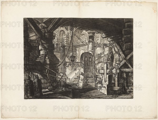 The Pier with Chains, plate 16 from Imaginary Prisons, 1761, Giovanni Battista Piranesi, Italian, 1720-1778, Italy, Etching and engraving on heavy ivory laid paper, 409 x 550 mm (image), 409 x 550 mm (plate), 585 x 778 mm (sheet)