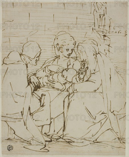 Holy Family with Saint Anne, c. 1570, School of Luca Cambiaso, Italian, 1527-1585, Italy, Pen and brown ink on cream laid paper, 246 x 203 mm