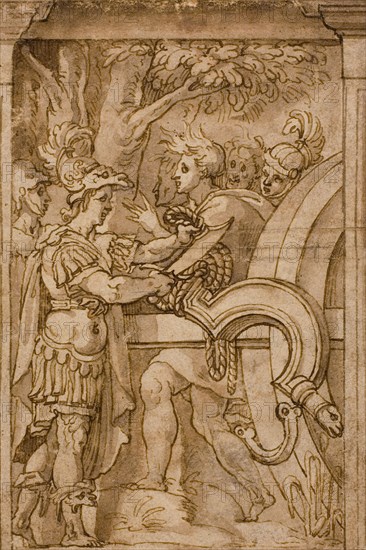 Alexander Cutting the Gordian Knot, n.d., After Maturino da Firenze (Italian, 1490-1527/1528), after Polidoro Caldara, called Polidoro da Caravaggio (Italian, c. 1499-c. 1543), Italy, Pen and brown ink with brush and brown wash, on cream laid paper, laid down on ivory laid paper, 125 x 84 mm