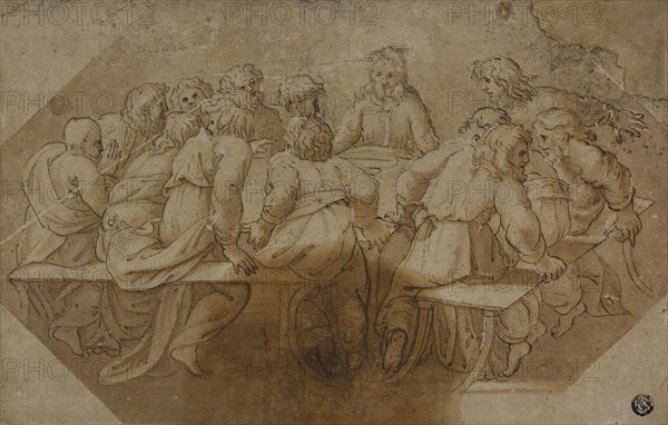 Last Supper, late 16th century, After Raffaello Sanzio, called Raphael, and workshop, Italian, 1483-1520, Italy, Pen and brown ink and brush and brown wash, with graphite additions, on cream laid paper, laid down on two layers of cream laid paper, 200 x 312 mm
