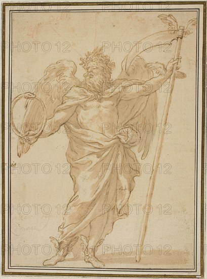 Father Time, n.d., Attributed to Alessandro Algardi, Italian, 1598–1654, Italy, Pen and brown ink and brush and brown wash, over black chalk, with traces of red chalk, on tan laid paper, laid down on ivory laid paper, 270 x 196 mm