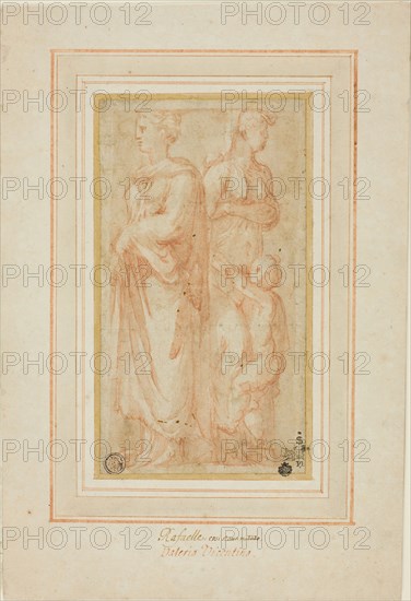 Two Female Figures with Child, 1530/45, Ascribed to Valerio Belli, Italian, c. 1468-1546, Italy, Red chalk with brush and brown wash, on buff laid paper, squared in black chalk, laid down on ivory laid card, 177 x 97 mm
