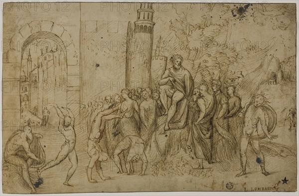 Acrobats Performing Before a Ruler (recto), Outdoor Scene with Group of Figures (verso), c. 1510, Attributed to Giovanni Antonio de’Sacchis, called Il Pordenone, Italian, c. 1483-1539, Italy, Pen and brown ink, with red chalk (recto), and pen and brown ink (verso), on tan laid paper, 261 x 399 mm (max.)