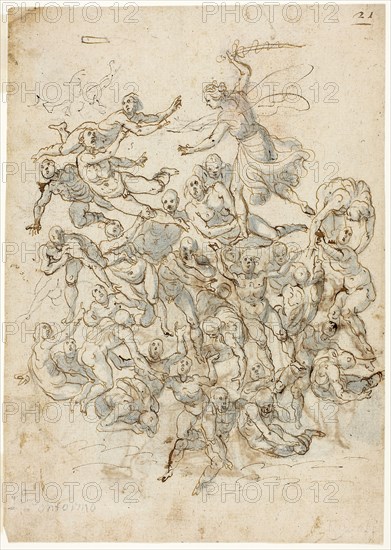 Fall of the Damned (recto), Sketches of Seated Saint John the Baptist (verso), n.d., Circle of Ludovico Cardi, called Il Cigoli, Italian, 1559-1613, Italy, Pen and iron gall ink with brush and blue and brown wash, possibly over traces of black chalk (recto), and pen and brown ink with brush and blue and gray ink and red chalk (verso), on tan laid paper, 263 x 199 mm