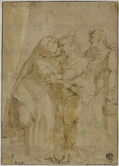 Visitation, c. 1555, Luca Cambiaso, Italian, 1527-1585, Italy, Pen and brown ink, with brush and brown wash, on buff laid paper, laid down on ivory laid paper, 242 x 174 mm (max.)