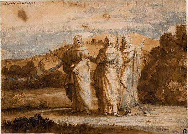 Study for Pilgrims at Emmaus, c. 1652, Claude Lorrain, French, 1600-1682, France, Pen and brown ink, with brush and brown wash, and lead white (discolored), on buff laid paper, 168 × 235 mm