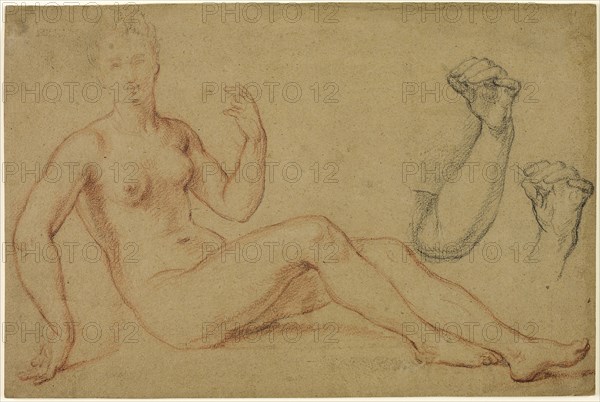 Seated Female Nude with Sketch of Hand and Sketch of Forearm, n.d., Louis de Boullogne, the elder, French, 1609-1674, France, Red and black chalk on tan wove paper, laid down on ivory laid paper, 247 × 370 mm