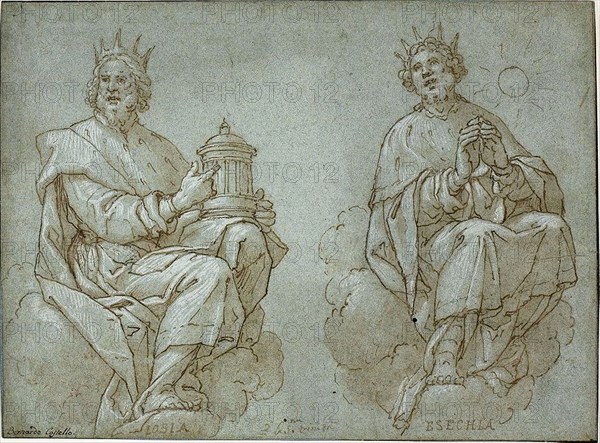 Two Seated Kings of Judah, Josiah and Hezekiah, 1591, Bernardo Castello, Italian, 1557-1629, Italy, Pen and brown ink with brush and pale brown wash, heightened with lead white (partly oxidized), on blue laid paper, laid down on ivory wove paper, 198 x 267 mm (max.)