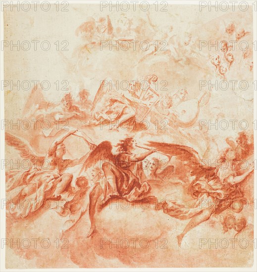 Music-Making Angels, n.d., Possibly attributed to Vittorio Maria Bigari (Italian, 1692-1776), or Giacomo Guerrini (Italian, 1718-1793), Italy, Red chalk, with brush and red chalk wash, over traces of black chalk, on ivory laid paper, 321 x 303 mm