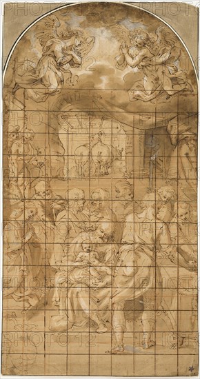 Adoration of the Christ Child, 1580/1600, Filippo Bellini or circle of, Italian, c. 1550-1603, Italy, Pen and brown ink with brush and brown wash, heightened with lead white (partly oxidized), over traces of red chalk, on lunette-shaped tan laid paper, squared in red chalk and pen and brown ink, laid down on ivory laid card, 670 x 353 mm (max.)