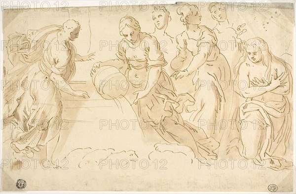 Jacob and Rachel at the Well, late 17th century, After Jacopo Negretti, called Palma il Giovane, Italian, c. 1548-1628, Italy, Pen and brown ink with brush and brown wash, on ivory laid paper, 195 x 298 mm (max.)