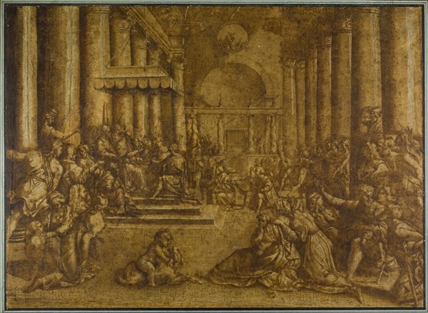 Donation of Constantine, n.d., Giulio Pippi, called Giulio Romano, after, Italian, c. 1499-1546, Italy, Pen and brown ink with brush and brown wash, heightened with white gouache, on laid paper, laid down on cream laid card, 409 x 556 mm