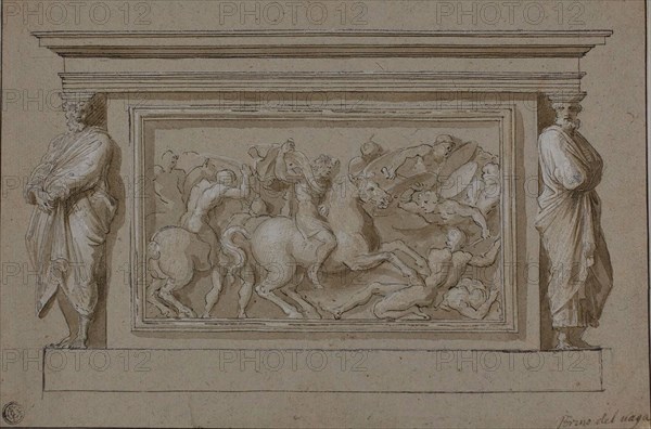 Design for Funerary Monument to the Marchese Francesco Gonzaga, n.d., After Raffaello Sanzio, called Raphael, Italian, 1483-1520, Italy, Pen and brown ink, with brush and brown wash, heightened with lead white (partly oxidized), on tan laid paper, laid down on ivory wove paper, 200 x 300 mm