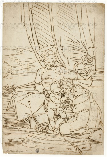 Holy Family with Saint Catherine, 1570/90, Attributed to Luca Cambiaso, Italian, 1527-1585, Italy, Pen and brown ink, on ivory laid paper, 420 x 282 mm (max.)