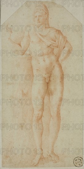 After the Antique: Statue of Paris, n.d., Attributed to Giulio Clovio, Croatian, active Italy, 1498–1578, Italy, Red chalk on ivory laid paper, laid down on off-white laid card, 200 x 98 mm (max.)