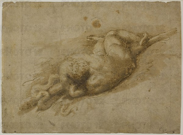 Infant Hercules (recto), Standing Putto with Hand to Chin (verso), 1523/1540, Follower of Francesco Mazzola, called Parmigianino, Italian, 1503-1540, Italy, Pen and brown ink with brush and brown wash (recto), and pen and brown ink with traces of red chalk (verso), on tan laid paper, 145 x 196 mm (max.)