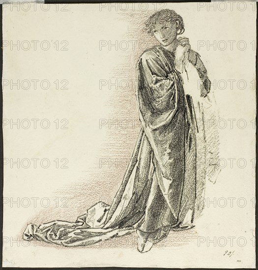 Kneeling Draped Figure, c. 1865–70, Sir Edward Burne-Jones, English, 1833-1898, England, Graphite and red crayon on ivory wove paper, laid down on board, 273 × 261 mm