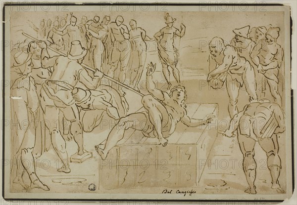 Martyrdom of Saint Lawrence, c. 1580, School of Luca Cambiaso, Italian, 1527-1585, Italy, Pen and brown ink, with brush and brown wash, with traces of graphite, on ivory laid paper, laid down on gray laid paper, laid down on card, 236 x 355 mm
