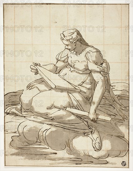 Sibyl in the Clouds, after 1570, After Luca Cambiaso, Italian, 1527-1585, Italy, Pen and brown ink with brush and brown wash, on ivory laid paper, squared in red chalk, tipped onto ivory laid paper, 337 x 262 mm (max.)