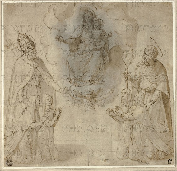 Virgin and Child before Saints Fabianus (or Gregory the Great) and Joseph, 1530/50, Unknown Artist, Italian, Sienese (early/mid-16th Century), Italy, Pen and brown ink with brush and brown wash, over black chalk, on tan laid paper, pricked for transfer, laid down on ivory laid paper, tipped onto card, 240 x 249 mm