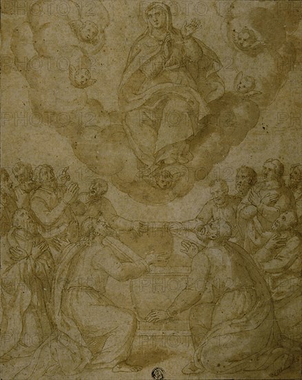 Assumption of the Virgin, n.d., Italian, Second half of the 16th Century, Italy, Pen and brown ink with brush and brown wash on tan laid paper, pricked for transfer, laid down on cream laid card with pink and orange watercolor border, 289 x 230 mm