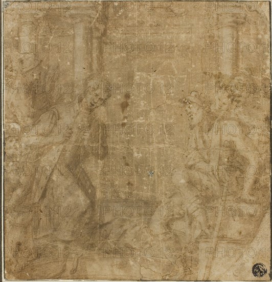Study for Saint Francis of Assisi Giving His Cloak to an Impoverished Knight, 1591/95, Giovanni Battista della Rovere, called Il Fiamminghino, Italian, c. 1575-c. 1630, Italy, Pen and brown ink with brush and brown wash, over traces of graphite, on tan laid paper, laid down on ivory laid paper with pink and orange watercolor border, 197 x 188 mm (max.)