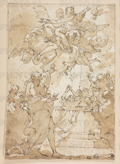 Assumption of the Virgin, c. 1780, Probably Ubaldo Gandolfi (Italian, 1728-1781) or follower of, or possibly Annibale Carracci (Italian, 1560-1609), Italy, Pen and brown ink, with brush and brown wash, over black chalk and charcoal, on ivory laid paper, 296 x 211 mm