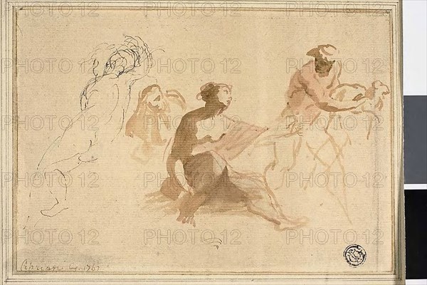 Two Sketches: Nude Child, Woman Reaching Toward Man with Lamb, 1762, Giovanni Battista Cipriani, Italian, 1727-1785, Italy, Pen and black ink, and brush and brown and red wash, on cream laid paper, laid down on cream laid paper, 118 x 168 mm