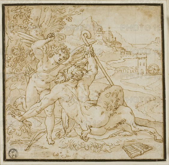 Cupid Overcoming Pan, n.d., Orazio Samacchini, Italian, 1532-1577, Italy, Pen and brown ink, with brush and brown wash, squared in black chalk, on ivory laid paper, laid down on ivory laid card, 158 x 161 mm