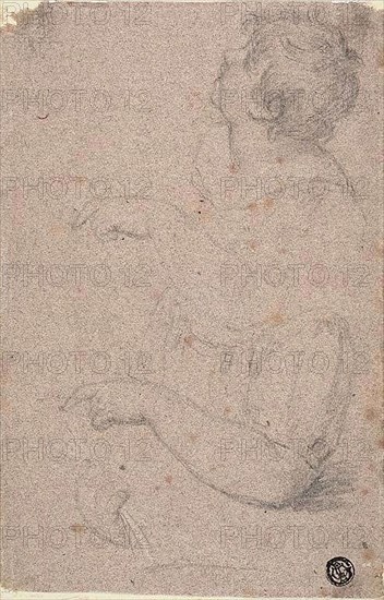 Half-Length Sketch of Child in Profile to Left, with Sketches of Right Arm and Left Hand, n.d., Giovanni Battista Cipriani, Italian, 1727-1785, Italy, Black chalk, heightened with touches of white chalk, on pink laid paper with blue fibers, laid down on pale green board, 212 x 136 mm
