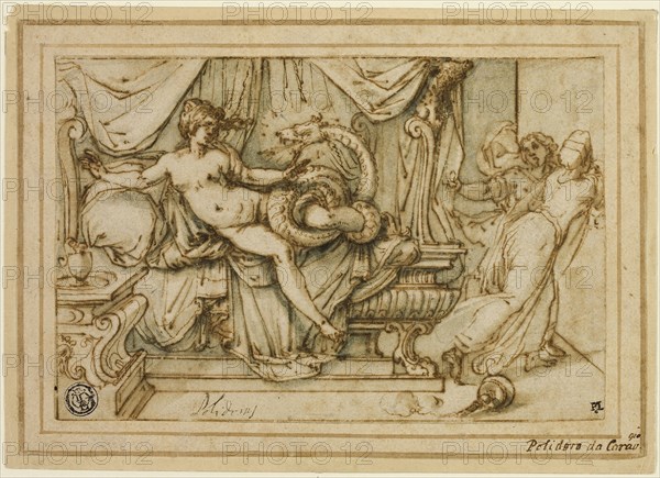 Olympias, Mother of Alexander, Visited by Zeus in the Guise of a Serpent, 1595/99, Attributed to Andrea Boscoli, Italian, c. 1560-1608, Italy, Pen and brown ink, with brush and grayish-green wash, on ivory laid paper, laid down on cream laid paper, 110 x 167 mm